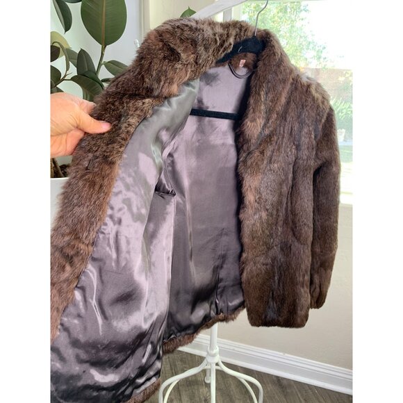 Genuine Vintage Rabbit Fur Brown Size S 6 Stand Collar Satin Lined Pockets 7019 - Picture 5 of 8